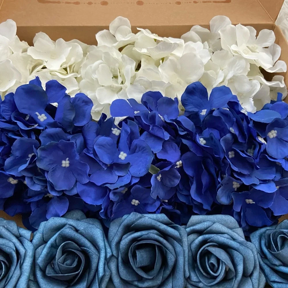 15 count | White Royal & Dusty Blue Hydrangeas Roses Bouquet Wedding Centerpiece